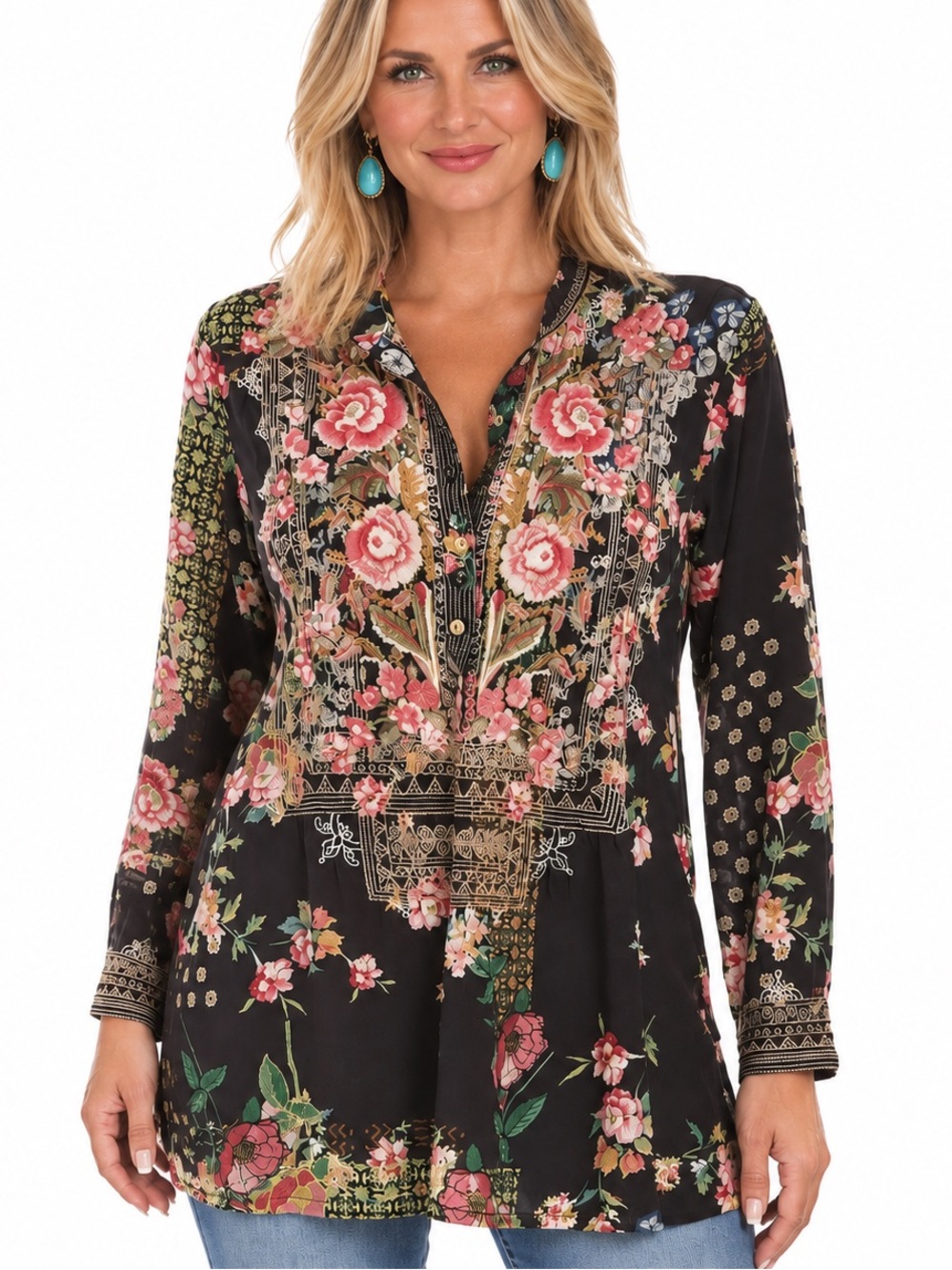 Johnny Was extremely heavily embroidered Rose Nephele silk Tunic NWT